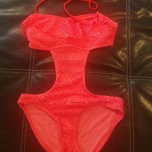 Hot coral lace swimsuit with ruffle detail